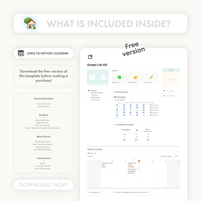 L'image se compose d'une vue générale sur le template Notion avec, en haut à gauche, le logo de Notion Calendar qui indique une compatibilité avec l'application. Juste en dessous, il est précisé qu'il est possible de télécharger une version gratuite.