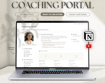 Plantilla de Notion para portal de coaching, planificador definitivo de Notion para coaches, seguimiento de clientes y gestión empresarial, superación personal y bienestar.
