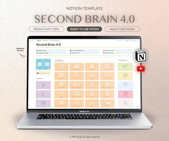 Second Brain for Notion, Never forget your ideas, Pin, Capture and organize everything, Atomic habits, Notion workflow, Notion template