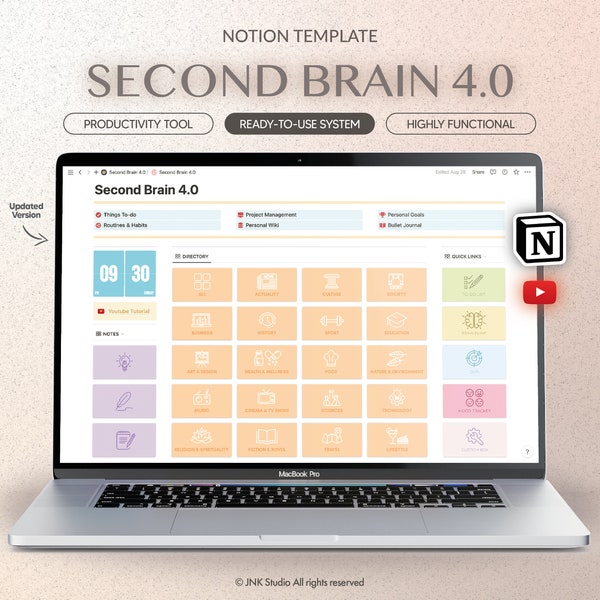 Second Brain for Notion, Never forget your ideas, Pin, Capture and organize everything, Atomic habits, Notion workflow, Notion template