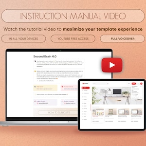 Puede incluir: Una pantalla de computadora port&aacute;til que muestra un sitio web con el texto "Second Brain 4.0" y una miniatura de video de YouTube con el texto "Instruction Manual Video". El sitio web tiene un bot&oacute;n que dice "How to Duplicate?" y un bot&oacute;n de reproducci&oacute;n es visible en la miniatura de video de YouTube.