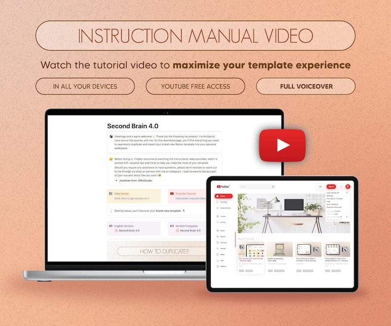 Puede incluir: Una pantalla de computadora port&aacute;til que muestra un sitio web con el texto "Second Brain 4.0" y una miniatura de video de YouTube con el texto "Instruction Manual Video". El sitio web tiene un bot&oacute;n que dice "How to Duplicate?" y un bot&oacute;n de reproducci&oacute;n es visible en la miniatura de video de YouTube.