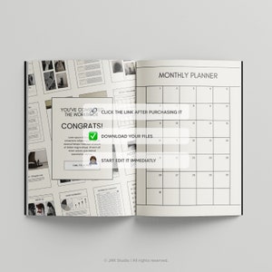 May include: A black and white image of an open workbook with a monthly planner on the right page. The workbook has a green tick and the text "You've completed the workbook!" and "Congrats!" The text "Click the link after purchasing it" and "Download your files" are in a white box. The text "Start edit it immediately" is in a white box with a green tick. The monthly planner has the numbers 1 through 31 in a grid.