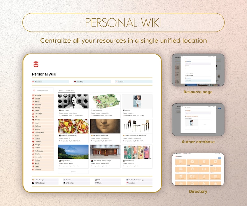 Puede incluir: Captura de pantalla de un sitio web llamado "Wiki personal" con un fondo gris claro. El sitio web tiene un men&uacute; en el lado izquierdo con categor&iacute;as como "Actividad", "Cultura", "Sociedad", "Negocios", "Deporte", "Historia", "Educaci&oacute;n", "Arte", "Salud", "Comida", "Bienestar", "Naturaleza", "Medio ambiente", "M&uacute;sica", "Cine", "Programa de televisi&oacute;n", "Dise&ntilde;o", "Ciencia", "Tecnolog&iacute;a", "Geograf&iacute;a", "Ficci&oacute;n", "Novela", "Viajes", "Estilo de vida", "Arte y dise&ntilde;o" y "Dise&ntilde;o de productos". La parte principal del sitio web muestra una cuadr&iacute;cula de im&aacute;genes con diferentes temas como "Todos mis recursos", "Arte y dise&ntilde;o", "Codificaci&oacute;n y tecnolog&iacute;a", "Ubicaci&oacute;n", "Art&iacute;culos", "Servicios web" y "M&uacute;sica".