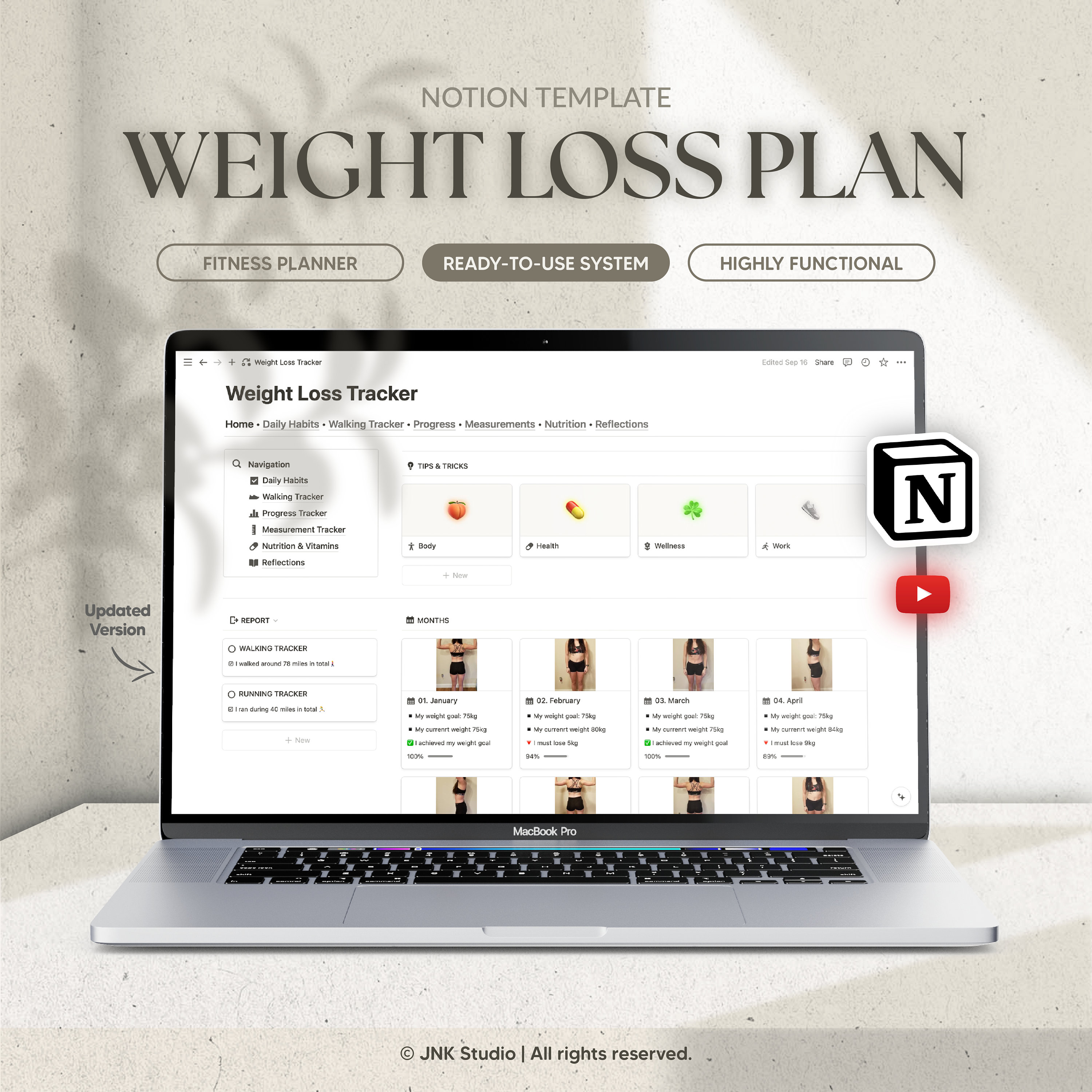 Weight Loss Tracker Notion Template, Weight Tracker, Personal Journal, Notion Planner, Self-Love, Wellness, Body health, Habits tracker