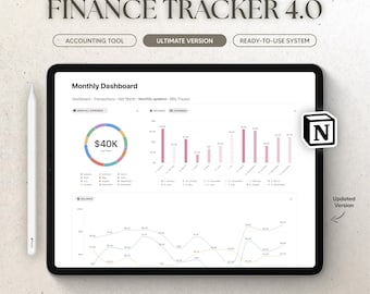 May include: A digital finance tracker template on a tablet, with the text "FINANCE TRACKER 4.0". The screen displays a monthly dashboard with charts and graphs. A white stylus and the Notion logo are also visible.