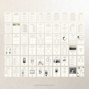 May include: A printable workbook with 48 pages of templates for business planning, goal setting, and marketing. The pages are black and white with a minimalist design.