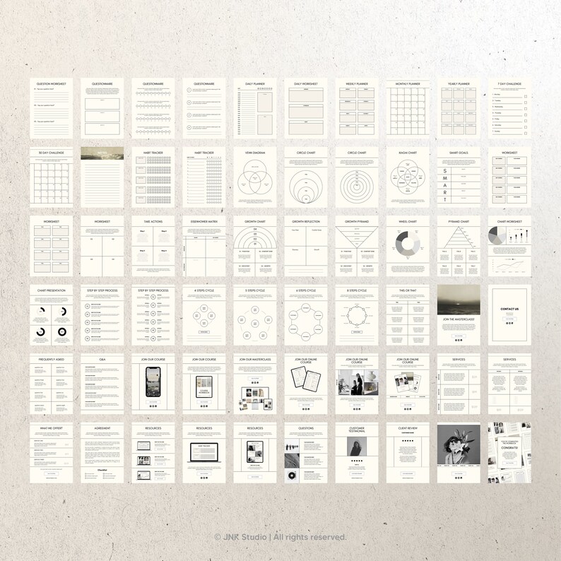 May include: A printable workbook with 48 pages of templates for business planning, goal setting, and marketing. The pages are black and white with a minimalist design.