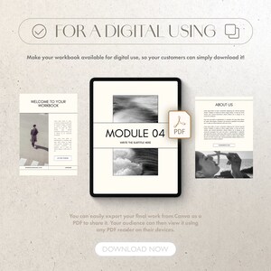 May include: A digital workbook template featuring a black and white photograph of a wave on the cover. The workbook is titled "MODULE 04" with the subtitle "WRITE THE SUBTITLE HERE". The workbook is available for digital use and can be downloaded as a PDF.