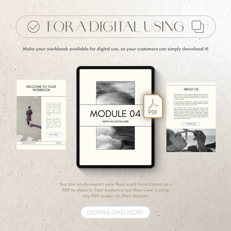 May include: A digital workbook template featuring a black and white photograph of a wave on the cover. The workbook is titled "MODULE 04" with the subtitle "WRITE THE SUBTITLE HERE". The workbook is available for digital use and can be downloaded as a PDF.