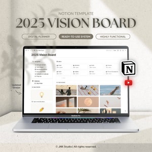 Notion の 2025 年デジタル ビジョン ボード、Notion テンプレート、長期目標、夢と実現、ビジュアライゼーション、インスピレーション ボード
