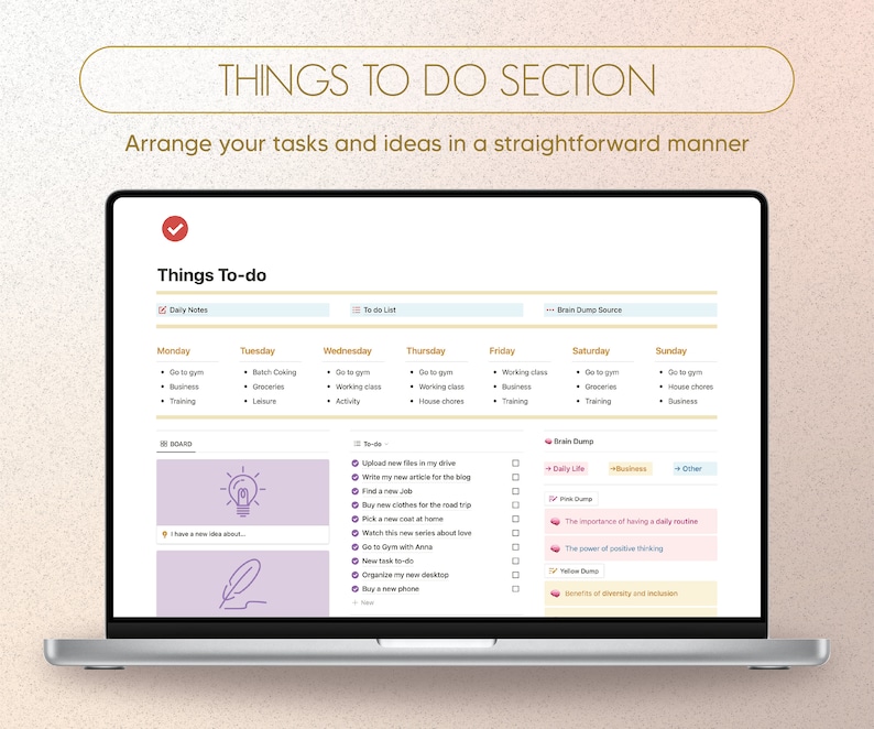 Puede incluir: La pantalla de un ordenador port&aacute;til que muestra una aplicaci&oacute;n de lista de tareas con una lista de verificaci&oacute;n de tareas e ideas. La aplicaci&oacute;n est&aacute; organizada por d&iacute;a de la semana e incluye secciones para notas diarias, lista de tareas y fuente de volcado de cerebro. La aplicaci&oacute;n tambi&eacute;n incluye una secci&oacute;n de tablero con un icono de bombilla y un icono de bol&iacute;grafo.