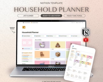 Household Planner Notion Template, Home organizer, Cleaning Schedule, Family Appointments, Meal Planning, General Purchase and House Budget