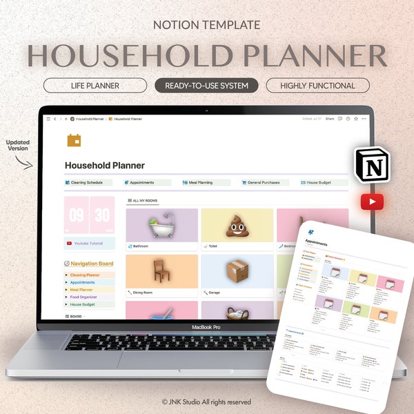 Household Planner Notion Template, Home organizer, Cleaning Schedule, Family Appointments, Meal Planning, General Purchase and House Budget