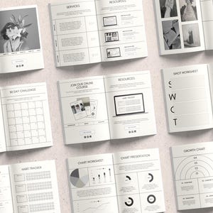 May include: A black and white workbook with pages for a 30-day challenge, habit tracker, chart worksheet, chart presentation, SWOT worksheet, and growth chart. The workbook has a minimalist design with black text and lines on a white background.