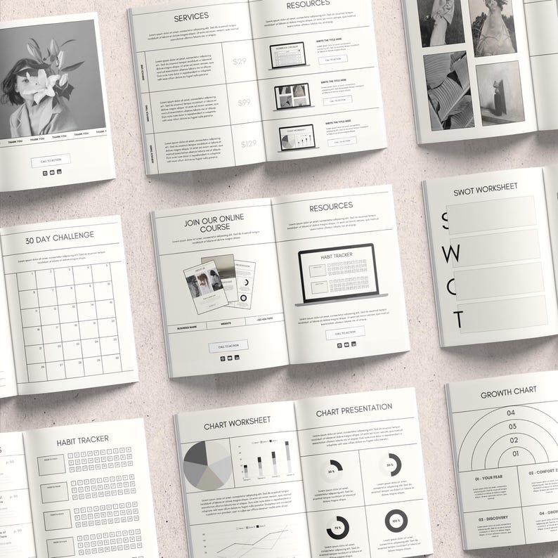 May include: A black and white workbook with pages for a 30-day challenge, habit tracker, chart worksheet, chart presentation, SWOT worksheet, and growth chart. The workbook has a minimalist design with black text and lines on a white background.