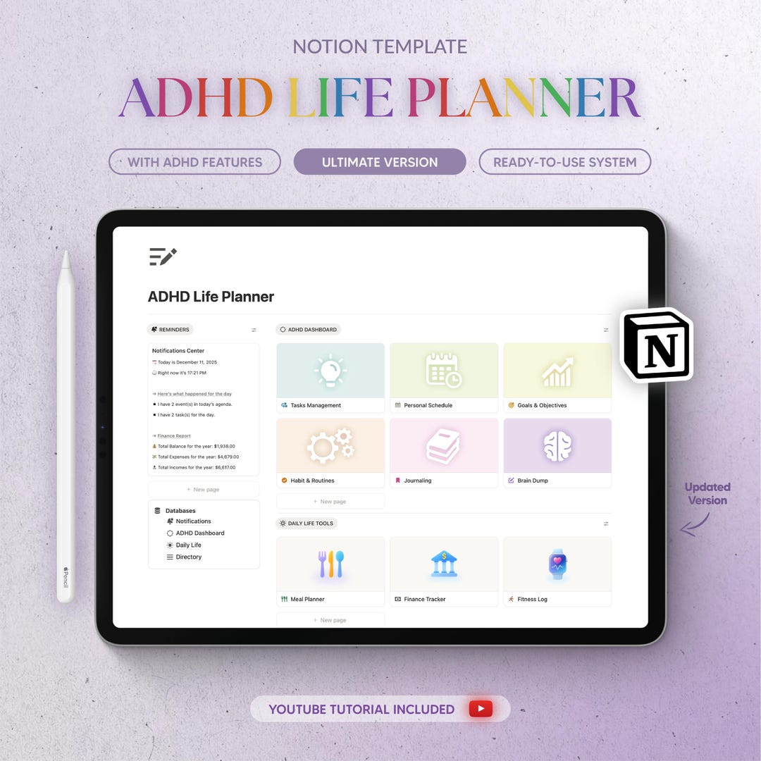 ADHD Life Planner Notion Template 2026 | All in One Productivity Tool ...