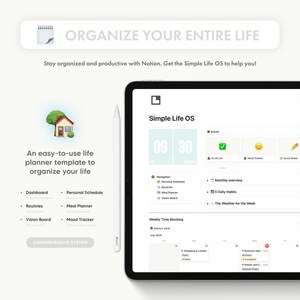 Ce template permet d'organiser sa vie de façon intuitive. Il comporte les fonctions essentielles pour organiser son quotidien, avec un dashboard complet, un calendrier personnel, un traqueur de routines, un traqueur de repas et un vision board.