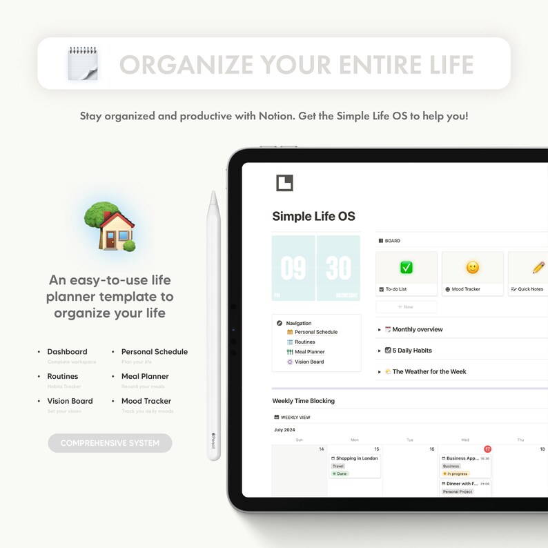 Ce template permet d'organiser sa vie de façon intuitive. Il comporte les fonctions essentielles pour organiser son quotidien, avec un dashboard complet, un calendrier personnel, un traqueur de routines, un traqueur de repas et un vision board.