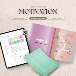 May include: A Canva template for a workbook planner on motivation. The template includes a Notion template, a workbook planner, and a ready-to-use option. The workbook planner has a pink cover with the text "Part 3: Improving Your Motivation".