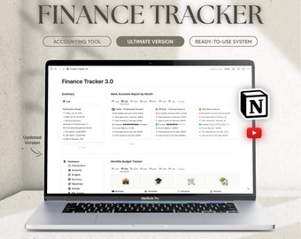 May include: A screenshot of a laptop displaying a Notion template for a finance tracker. The template includes sections for summary, bank accounts report by month, and monthly budget tracker. The template is labeled "Finance Tracker 3.0" and is described as an accounting tool, ultimate version, and ready-to-use system.