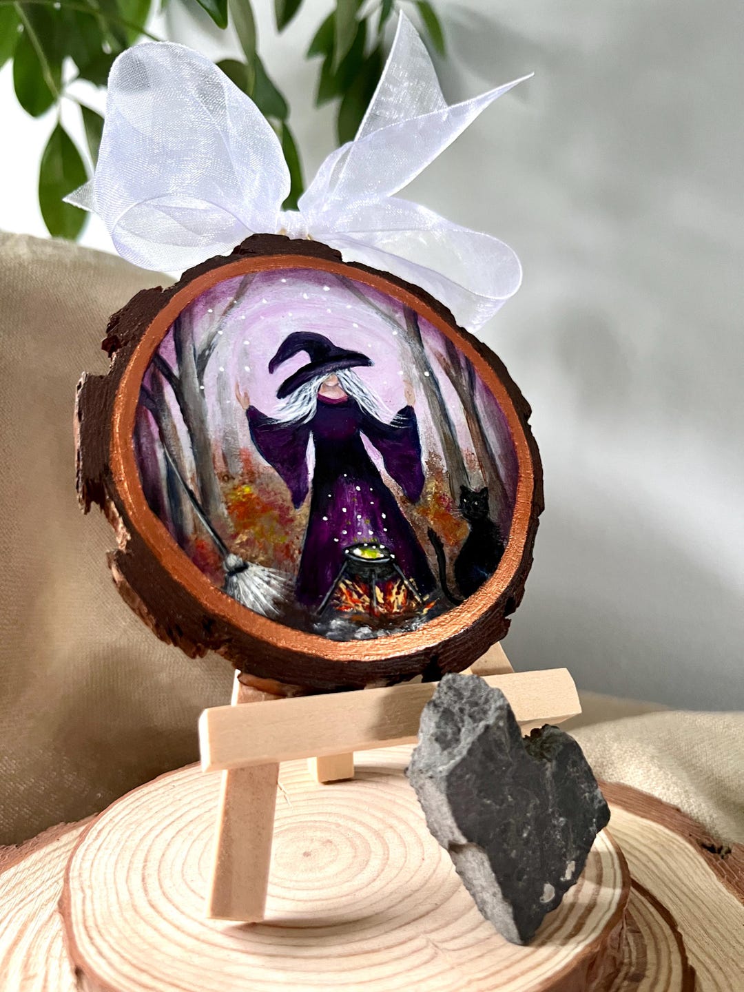 Witch, Forest Magic, Handpainted Wood Slice Ornament, Original Art - Etsy