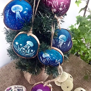 Jellyfish original wood slice painting, white moon jellyfish, underwater scene