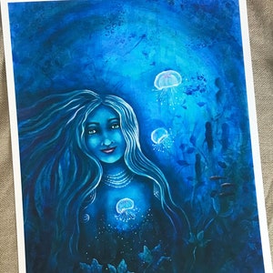 Underwater art print, mermaid and moon jellyfish, under the sea, fantasy art, wall art