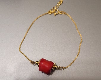 Pulsera en coral chapado en oro y perla real gema