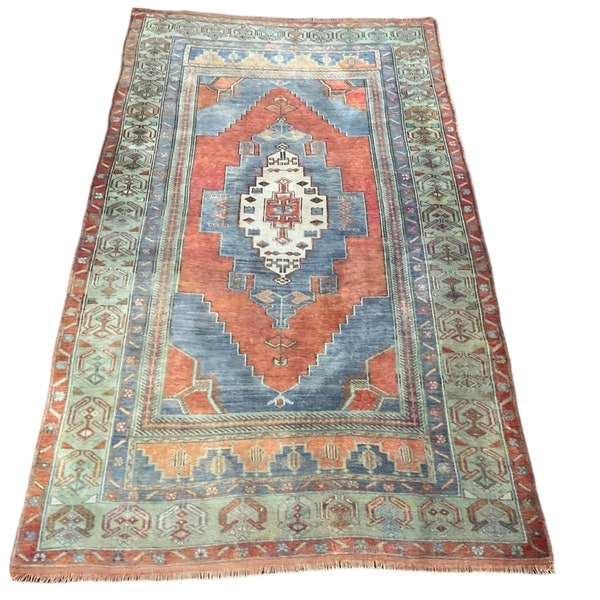 4x7 Oushak rug, vintage rug,blue red rug Turkish rug, handmade rug, entryway rug, area rug, bedroom rug livingroom rug 4x7