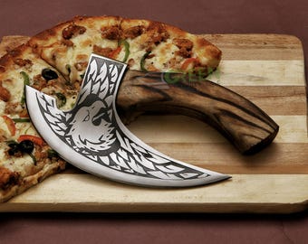 Hand Forged Damascus Steel Pizza Axe: Viking Medieval Cutter