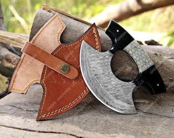 Hand Forged Damascus Steel Pizza Axe: Viking Cutter with Leather Sheath