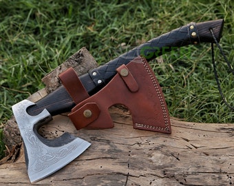 Hand Forged Viking Axe: Bearded Battle Tomahawk with Leather Sheath