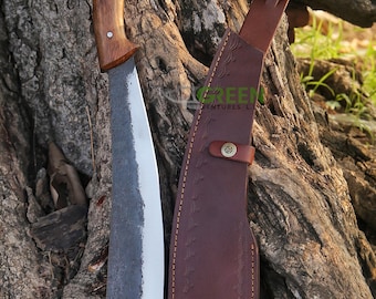 Machete Kukri de acero al carbono hecho a mano, mango de palisandro, funda de cuero.