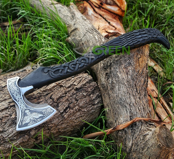 Hand Forged Viking Axe: Raven Engraved Bearded Battle Axe - Etsy