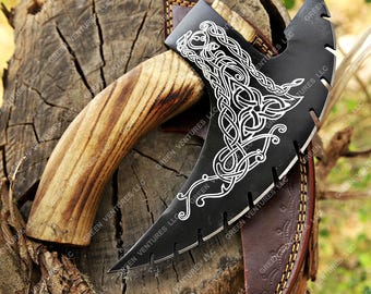 Hand Forged Damascus Steel Viking Pizza Axe: Medieval Larp Throwing Axe