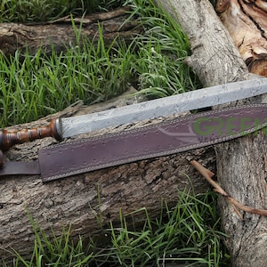Handmade Damascus Steel Gladius Sword: Rosewood Handle, Leather Sheath