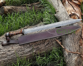 Handmade Damascus Steel Gladius Sword: Rosewood Handle, Leather Sheath