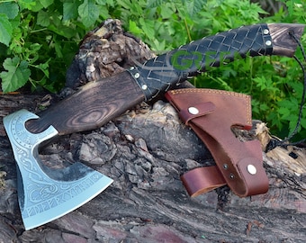 Hand Forged Viking Axe: Carbon Steel Bearded Battle Tomahawk with Leather Sheath