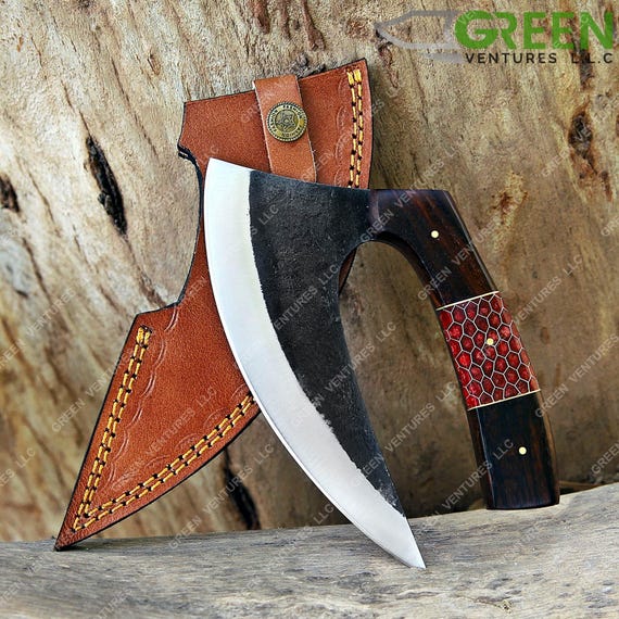 Hand Forged Damascus Steel Pizza Axe - Viking Medieval Cutter