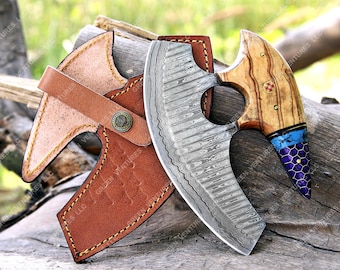 Hand Forged Damascus Steel Pizza Axe, Viking Cutter with Leather Sheath