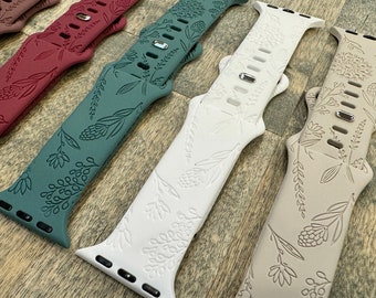 Floral Engraved Silicone Apple Watch Band: Dandelion Design