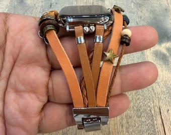 Brown Orange Boho Leather Apple Watch Band Multi-Strand Bracelet Style Strap Beaded Charm Wristband for Apple Watch Series 1-11