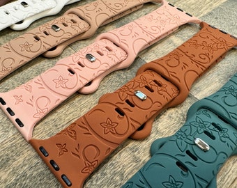 Floral Engraved Silicone Apple Watch Band: Star Flower Design