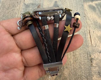 Correa de cuero negra para Apple Watch, estilo pulsera de varias hebras con cuentas y dijes para Apple Watch Series 1-11