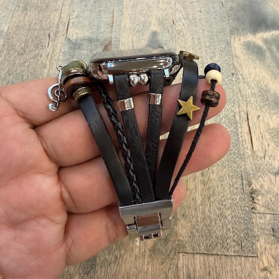 Black Leather Apple Watch Band Multi-Strand Bracelet Style Strap Beaded Charm Wristband for Apple Watch Series 1-11