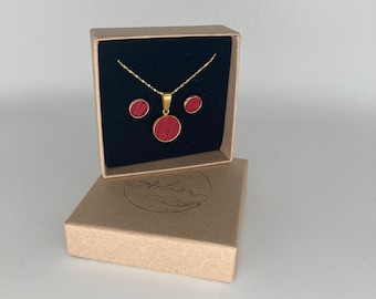 Jewelry made of vegan leather necklace + earrings Artisa handmade gold red