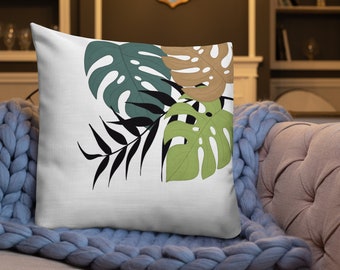 Monstera Leaves Throw Pillow, Linen Feel, Shape-Retaining Insert