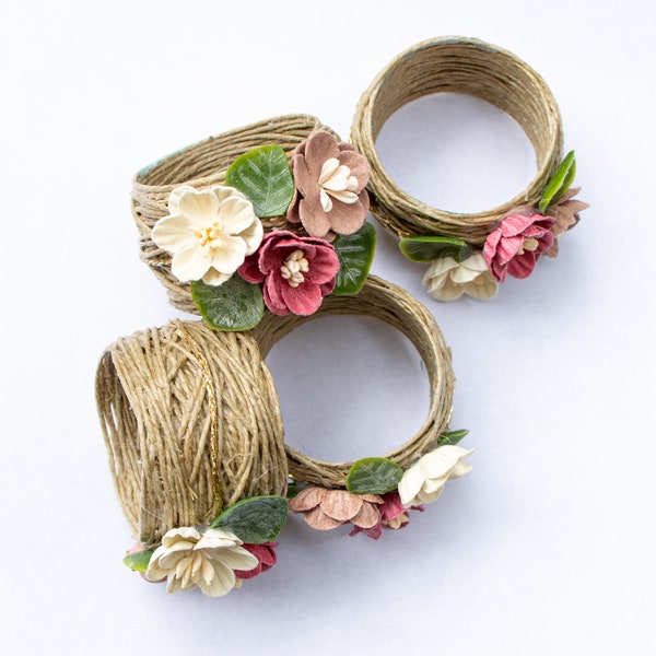 Beautiful natural hemp napkin rings with pink and white flowers