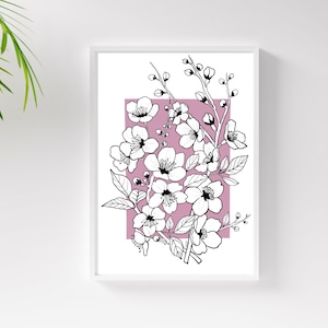 May include: A black and white line drawing of a bouquet of flowers with a pink background. The flowers are in a simple, elegant style.